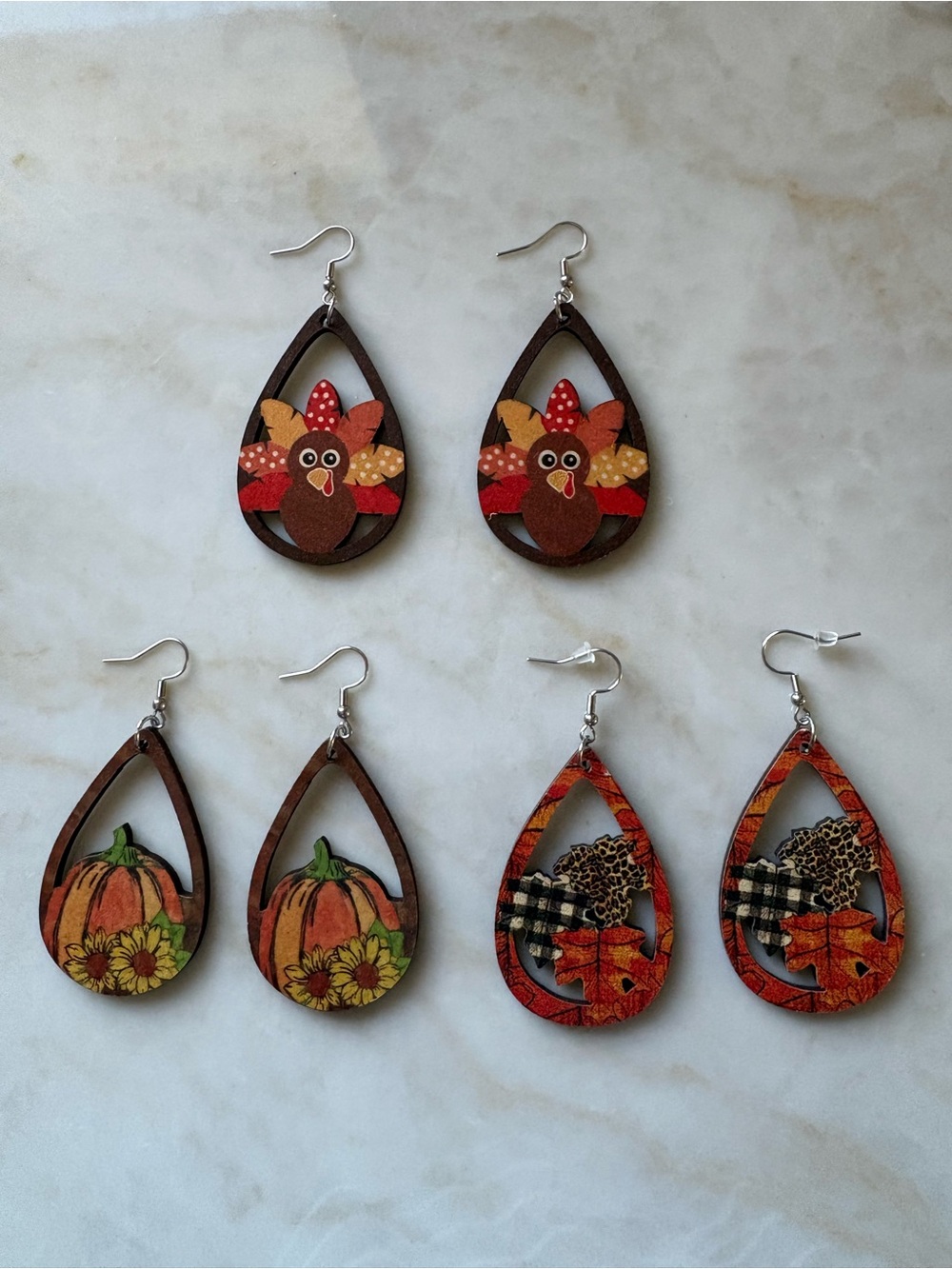 Fall Teardrop Wooden Earrings - Pumpkin & Turkey Designs Double Sided